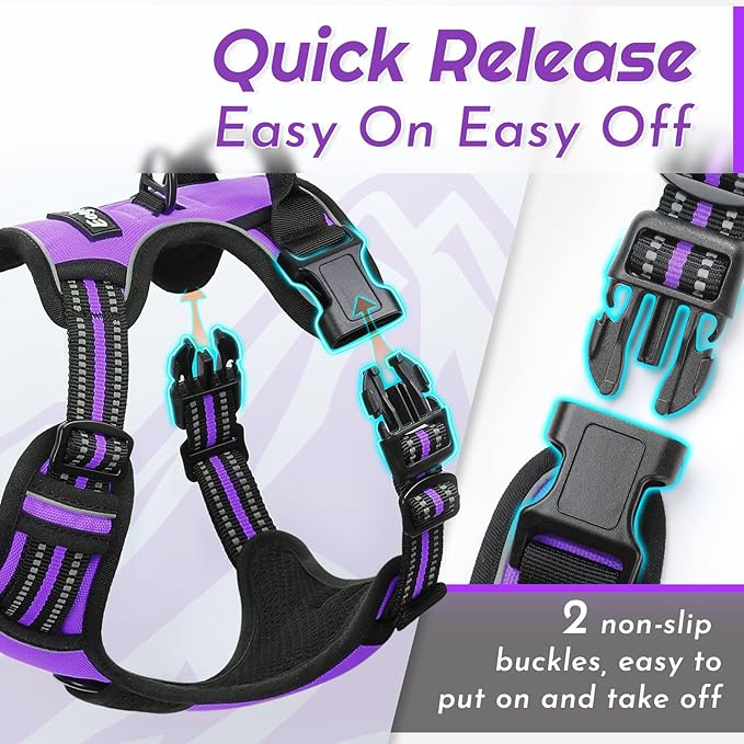 Eagloo Dog Harness Medium Sized Dog, No Pull Service Vest with Reflective Strips and Control Handle, Adjustable and Comfortable for Easy Walking, No Choke Pet Harness with 2 Metal Rings, Purple, M