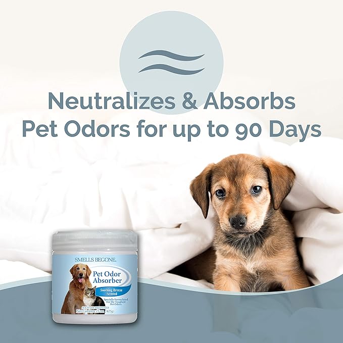 SMELLS BEGONE Air Freshener Pet Odor Absorber Gel - 15 oz, Pack of 2 - Absorbs and Eliminates Odor in Pet Areas, Bathrooms, Cars, & Boats - Made with Essential Oils - Soothing Breeze Scent