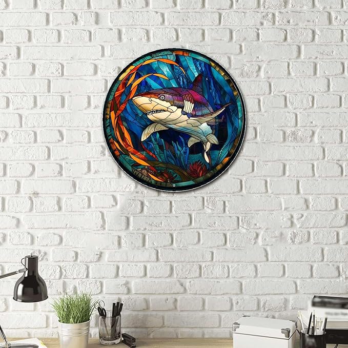 Lygond Metal Shark Tin Sign - Stained Glass Style, 8x8 Inches