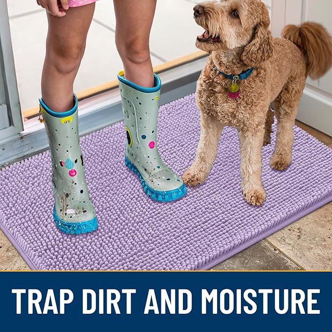 Smiry Dog Door Mat for Muddy Paws 24x16, Absorbs Moisture and Dirt Doormat, Non-Slip Washable Quick Dry Chenille Front Door Mat Indoor Entrance, Entryway Carpet for Inside Floor, Lavender