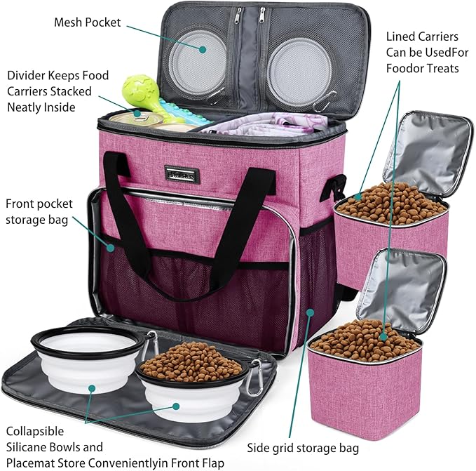 BAGLHER Dog Travel Bag, Pet Travel Bag (ALL Pet Travel Supplies), With 2 Pet Food Containers and 2 Collapsible Silicone Bowls; Essential Kits for Pet Travel Pink