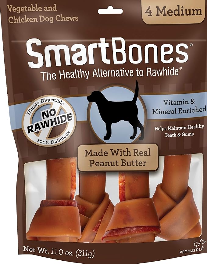 SmartBones Medium Chews With Real Peanut Butter Rawhide- Free Chews For Dogs, 4 Count