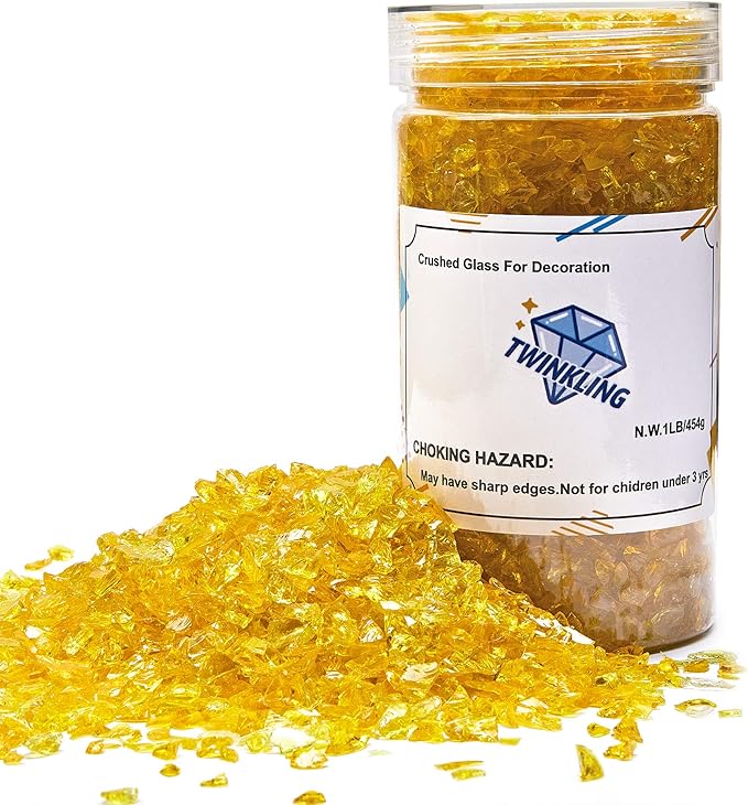 TWINKLING High Luster Fire Glass Gravel Stone Glitter,Broken Glass,Fire Gems Chips,Crushed Glass for Fire Pit Crafts Resin Art Aquarium Garden Decoration,3-6mm,1-Pound Jar (Yellow)