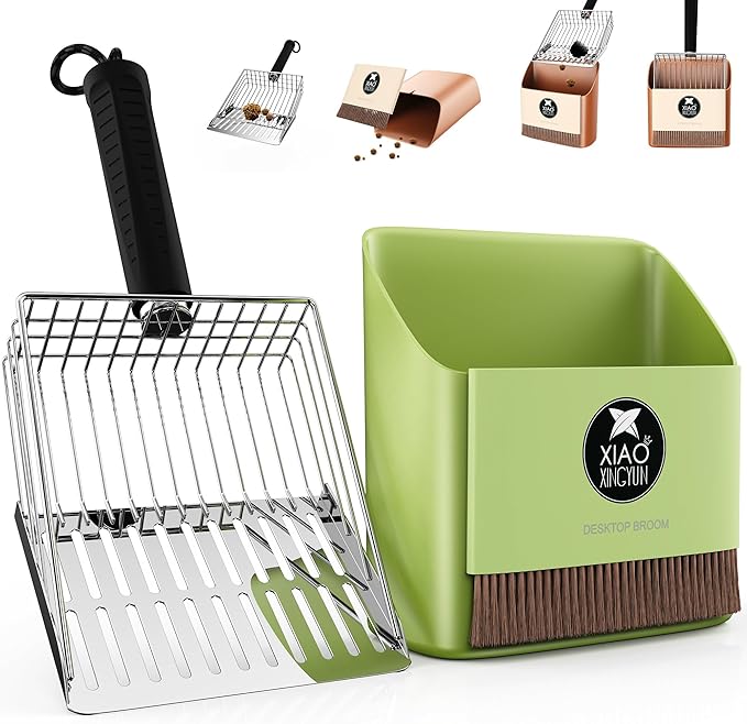 metal Cat Litter Scooper Kit - Durable large steel litter scoop with Dual Grid, Includes Broom & Dustpan for Quick, Easy Cleaning