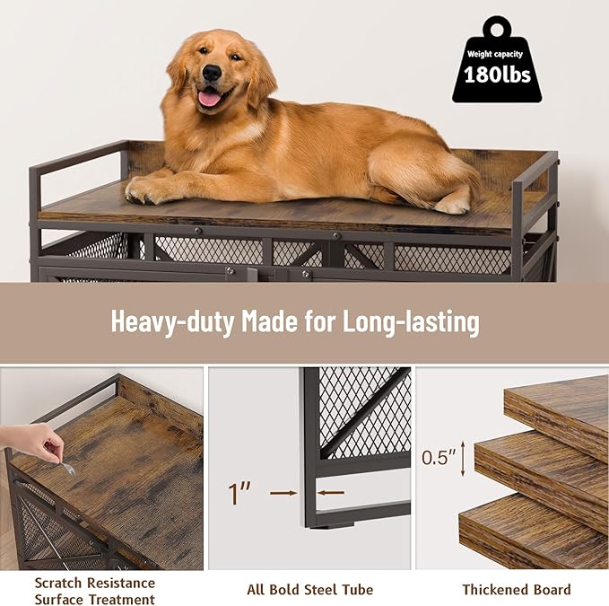 COZPAW Large Dog Crate Furniture, 48 Inch Wooden Dog Kennel for XLarge Dogs, Heavy Duty Dogs Furniture Indoor Wire Dog Cage with Caster Wheels, Decorative Pet House End Table, Brown
