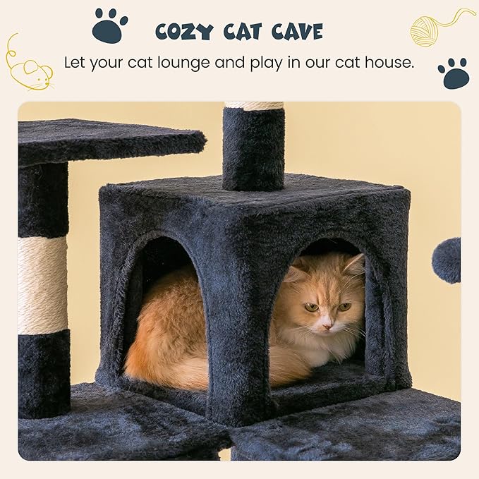 MWPO 63.8 inches Multi-Level Cat Tree for Large Cats with Sisal-Covered Scratching Posts, Padded Platform, Hammock and Condo,Stable Cat Tower Cat Condo Pet Play House-Smoky Gray