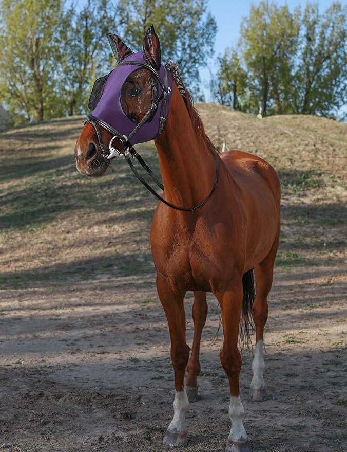 Horse Fly Mask with Ears, UV Protection for Horses, Elasticity with Big Mesh Eye Covers, Snug Fitting Comfortable Breathable Lightweight for Horses Deep Purple Full Size