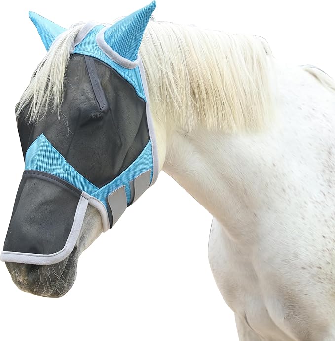 Horse Fly Mask with Ears & Long Nose Cover | Forelock Opening for Tangle-Free Mane Care | UV Protection & Breathable Mesh | No Rub Fit and Enhanced Visbility for Trail Riding Paleblue Full