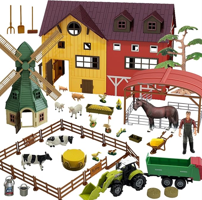Farm Animals Figurines Toys -140 pcs Toy Set Barn Toy Horse Stable Tractor Trailer Windmill Farmer Fence Playset for Kids Toddlers Boy Girl 3-7 Years Old