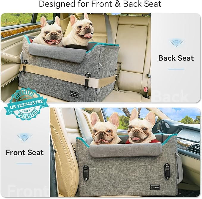 PETSFIT Dog Booster Car Seat for Small/Medium Dogs, Dog Car Seat for Medium Sized Dog with 2 Clip-On Safety Leashes and Patented Buckles, Pet Car Seat with Storage Pockets for Pets Under 45Lbs (Grey)
