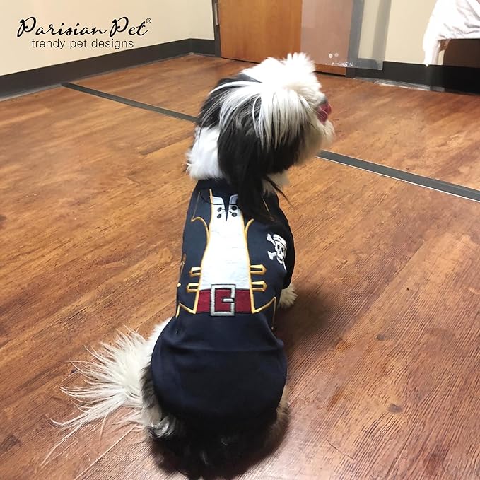 Parisian Pet Captain Sparrow Dog Shirt - Embroidered Pirate Costume - 100% Cotton & Polyester - Sleeved Black Dog Shirt - XL Pet Costume