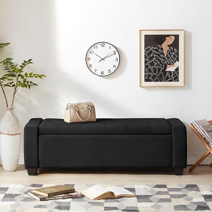 48" Ottoman with Storage, Black Storage Ottoman Bench with Safety Hinge, Upholstered Entryway Bench with Seating for Bedroom, Living Room, Holds up to 330 lb