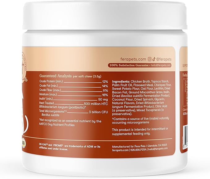 Fera Pets Probiotics for Dogs with Prebiotics and Postbiotics - Full Spectrum Gut Health Support - Promotes a Balanced Gut Microbiome - Boosts Immune Health - 90 Soft Chews