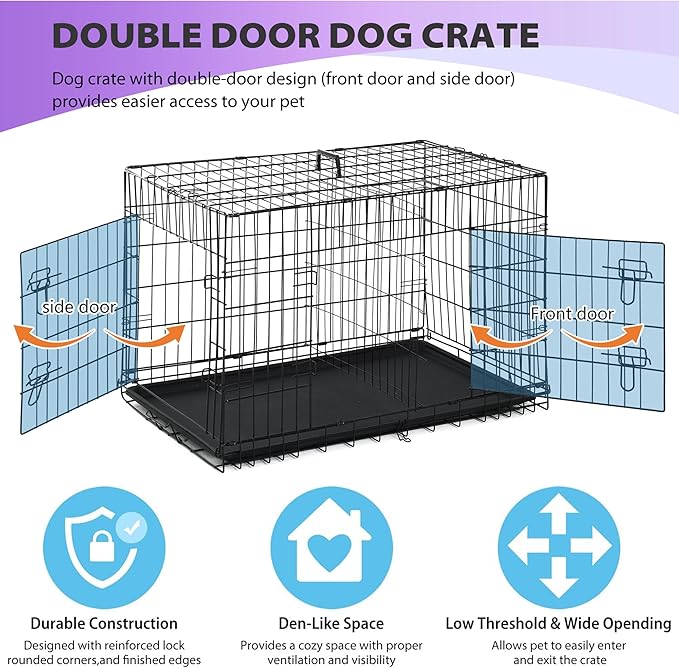 BestPet | Dog Crate | 30" | Black | Foldable Metal Kennel with Double Doors, Secure Slide-Bolt Latches, Leakproof Tray | Portable Dog Cage for Small Breeds | for Travel, Indoor & Outdoor Use