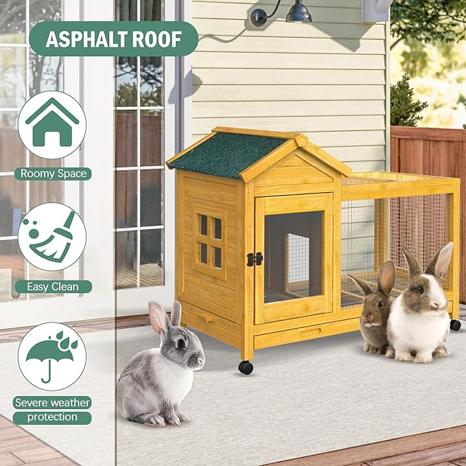 Wooden Rabbit Hutch with Waterproof Roof,Outdoor/Indoor Bunny Cage with Removable Slide-Out Bottom Tray, Chewproof Rabbit cage for Small-Medium Animals (Guinea Pigs, Hedgehogs)