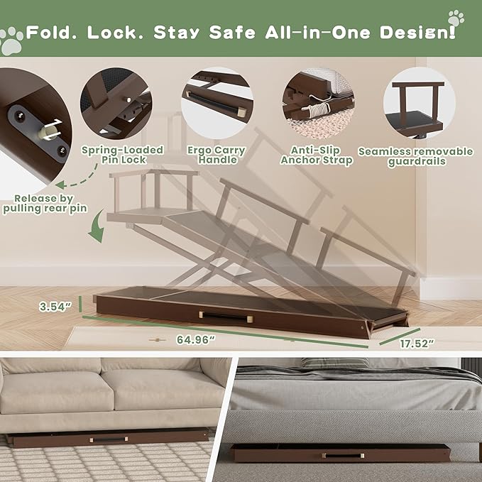 6 Level Height Adjustable Dog Ramp for Bed, Couch 65" Foldable Pet Ramp with Non-Slip Mat，DIY Glow Strips & Rest Platform Heavy Duty Dog Stairs for Large Dogs up to 200Lbs ，Brown