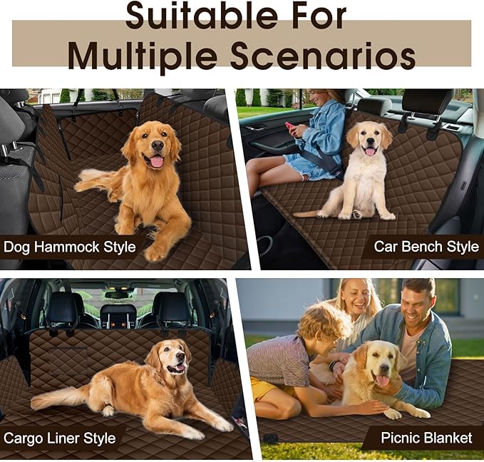 Waterproof Dog Car Seat Cover for Back Seat - Durable, Scratch Proof Pet Hammock with Nonslip Design & Storage Pockets, Fits Cars, SUVs, Trucks - L, Coffee/Black
