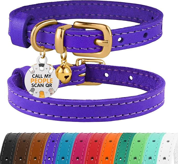 BRONZEDOG Leather Cat Collar with Removable Bells Non Breakaway Kitten QR Tag for Girl Boy (7" - 9" for Cats, Purple & Gold)