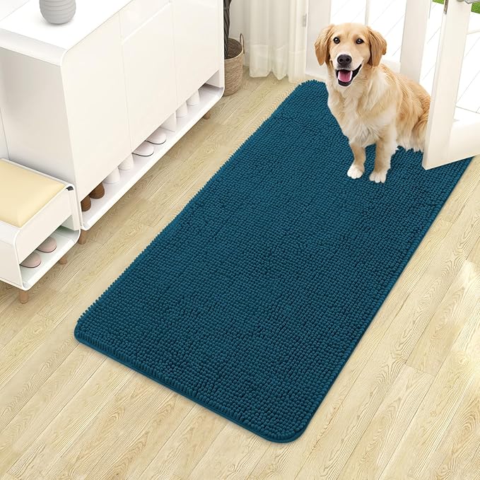 OLANLY Dog Door Mat for Muddy Paws 40x24, Absorbs Moisture and Dirt, Absorbent Non-Slip Washable Doormat, Quick Dry Chenille Mud Mat, Entry Indoor Entryway Carpet for Inside Floor, Atlantic Blue