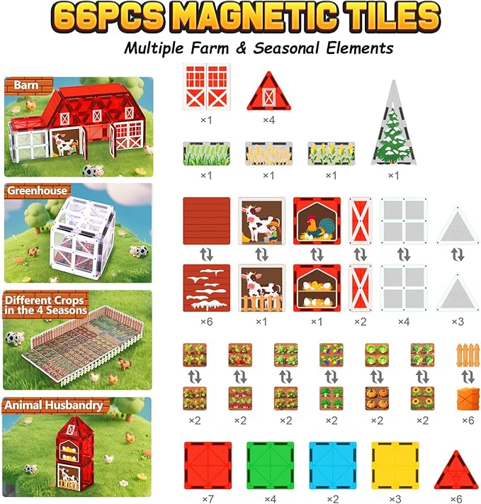 Magnetic Tiles Farm Animal Toys 66P - Build 4-Seasons Farm Scene, Farm Magnetic Blocks for Kids Ages 3-5 4-8 Boys Girls, STEM Magnet Toys for Classroom Indoor Outdoor, Kids Gift for Birthday Christmas