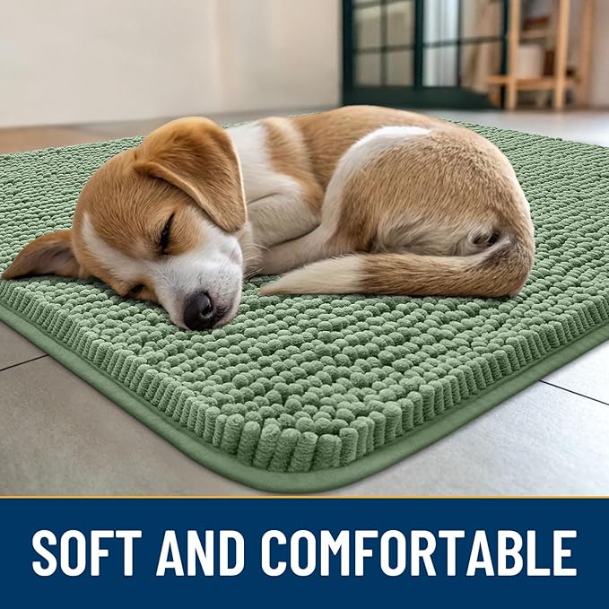 Smiry Dog Door Mat for Muddy Paws 30x20, Absorbs Moisture and Dirt Doormat, Non-Slip Washable Quick Dry Chenille Front Door Mat Indoor Entrance, Entryway Carpet for Inside Floor, Olive Green