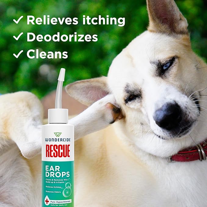 Wondercide Rescue - Ear Drops for Pets - Cleans and Removes Wax Build-Up and Irritants for Dogs and Cats - Relieves Itching and Redness with Pure Hypochlorous - 4 oz