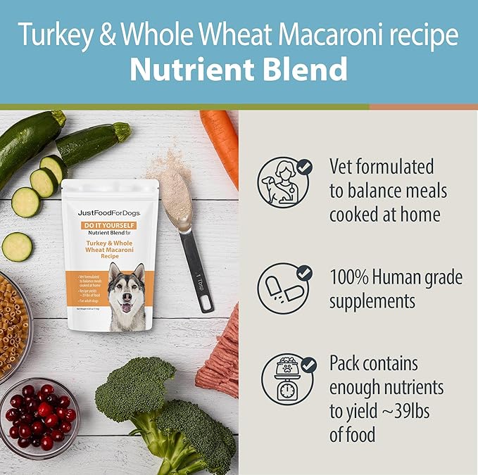 JustFoodForDogs DIY Nutrient Blend for Homemade Dog Food, Turkey & Whole Wheat Macaroni Recipe