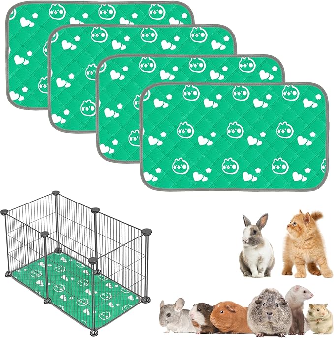 4 Pack Guinea Pig Bedding - Washable Guinea Pig Liners for C&C 2x1 Cage, Waterproof Reusable & Anti Slip Pee Pads Super Absorbent Mats for Small Animal Rabbit Hamster Rat (Green, 28 x 14 Inch)