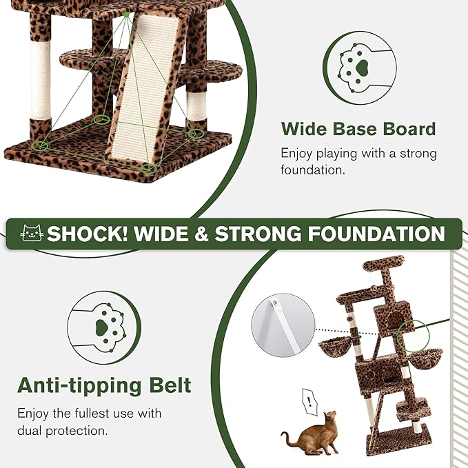 MUTICOR 66 Inches Multi-Level Large Cat Tree Tower for Indoor Big Feline/Cozy Plush Perches/Condo/Sisal Scratching Posts/Hammock and Baskets/Activity Center Play House/Wide Base/Leopard Print