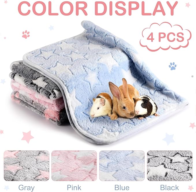 Reginary 4 Pcs Waterproof Guinea Pig Blankets Washable Small Animal Fleece Bedding Absorbent Guinea Pig Cage Liners Reusable Pet Pee Pad Sleep Mat for Hamster Ferret(Cute Star Pattern,12 x 12 Inch)