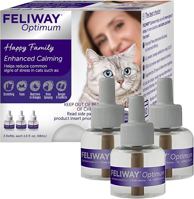 FELIWAY Optimum 3 x 30 Day Cat Calming Refills for Pheromone Diffuser, 3 x 48ml Value Pack - Helps Reduce Common Signs of Stress in Cats & Kittens, Enhanced Calming