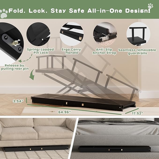 6 Level Height Adjustable Dog Ramp for Bed, Couch 65" Foldable Pet Ramp with Non-Slip Mat，DIY Glow Strips & Rest Platform Heavy Duty Dog Stairs for Large Dogs up to 200Lbs ，Black