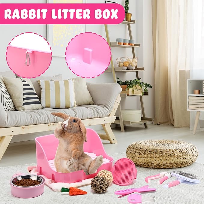 15 Pcs Rabbit Starter Kit Small Rabbit Litter Box Animal Grooming Kit Bunny Toys Bowl Blankets with Cleaning Set for Guinea Pig Accessories(Pink)