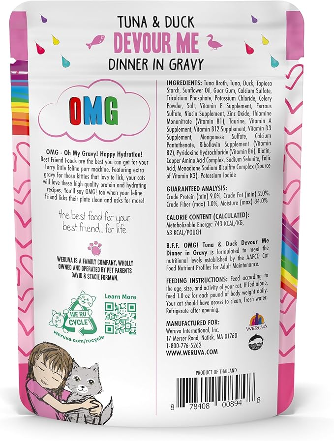 Weruva B.F.F. OMG - Best Feline Friend Oh My Gravy!, Tuna & Duck Devour Me with Tuna & Duck in Gravy Cat Food, 3oz Pouch (Pack of 12)