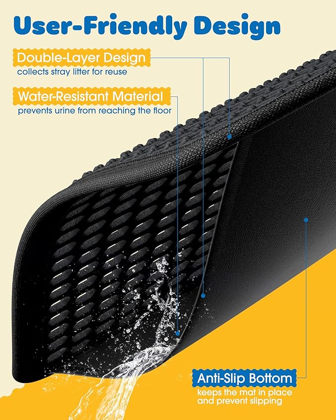 35" x 30" Cat Litter Mat - Ultra-Large Litter Box Mat with Double Layers, Urine-Proof and Non-Slip Litter Trapping Mat, Easy to Clean Kitty Litter Mats for Floor, Scatter Control, Black