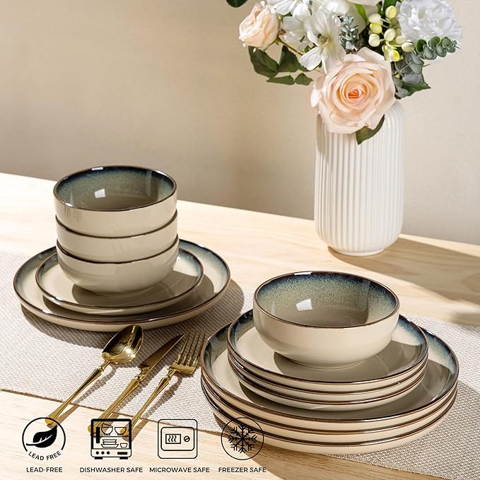 GBHOME Ceramic Dinnerware Sets for 4, 12 Pieces Stoneware Plates and Bowls Sets, Scratch Resistant Dishes, Dishwasher & Microwave Safe, Reactive Glaze-Gravel