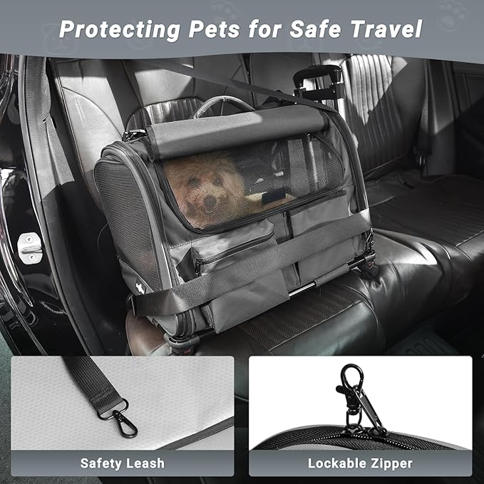 Large Pet Carrier with Wheels, Foldable Rolling Dog Carrier with Wheels and Big Pocket, Cat Rolling Bag 21"x13"x13" for 2 Cats &Dogs, for Travel, Outdoor, Vet Visits, Camping, Indoor. Gray