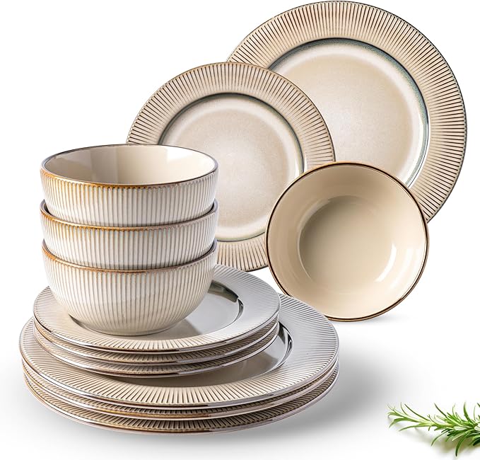 GBHOME Ceramic Dinnerware Sets,12 pcs Embossed Elegant Stoneware Plates and Bowls Sets, Housewarming Wedding Gift | Dishwasher & Microwave Safe | Dishes Set Service for 4