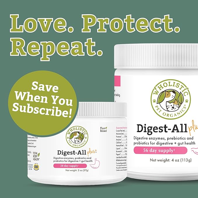 Wholistic Pet Organics Probiotics for Dogs with Digestive Enzymes & Prebiotic Fiber - 8 Oz - Daily Cat & Dog Probiotics for Digestive Health, Anti Diarrhea & Gut Support - Natural Powder Supplement