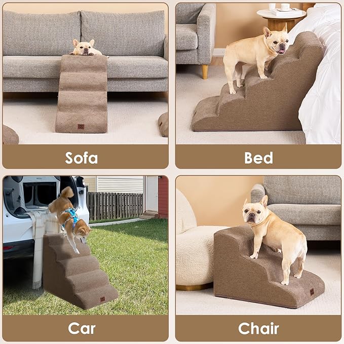 EHEYCIGA Curved Dog Stairs Ramp for High Beds 19.7" H, 4-Step Dog Steps for Small Dogs and Cats, Pet Stairs for High Bed Climbing, Non-Slip Balanced Pet Step Indoor, Camel