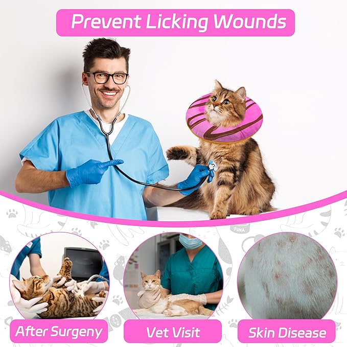 Cat Cone Collar Soft, Adjustable Cat Recovery Collars Kitten Cones to Stop Licking, Cute Donut E Collar After Surgery, Anti-Lick Wound Healing Elizabethan Collar for Kittens (Pink, Medium)