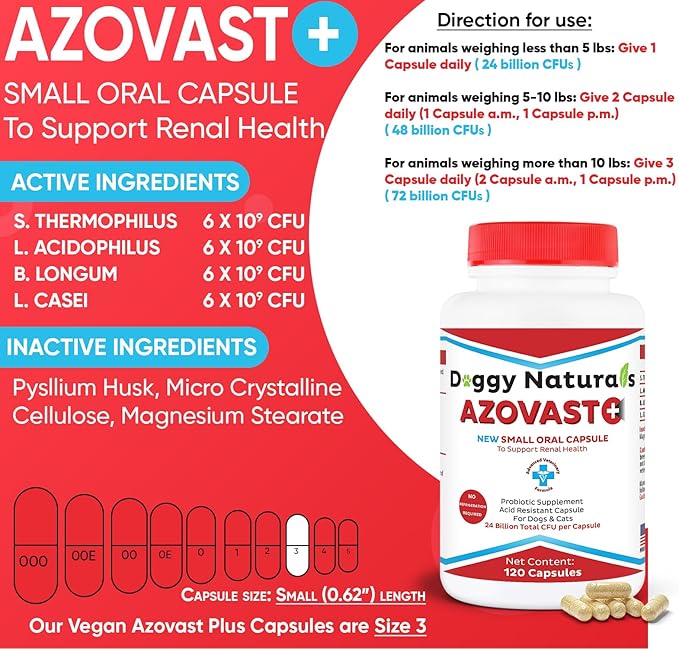 Azovast Plus Kidney Health Supplement for Dogs & Cats, 120ct - NO Refrigeration Required - Help Support Kidney Function & Manage Renal Toxins - Renal Care Supplement Capsule(U.S.A) (120 Caps)
