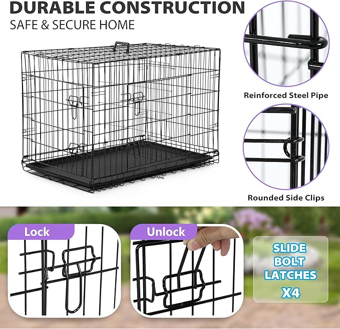 BestPet | Dog Crate | 30" | Black | Foldable Metal Kennel with Double Doors, Secure Slide-Bolt Latches, Leakproof Tray | Portable Dog Cage for Small Breeds | for Travel, Indoor & Outdoor Use