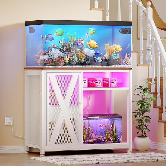 YITAHOME Fish Tank Stand with Power Outlets & LED Light, 40-50 Gallon Metal Aquarium Stand with Cabinet for Fish Tank Accessories Storage for Turtle Tank, Reptile Terrarium, 660LBS Capacity, White