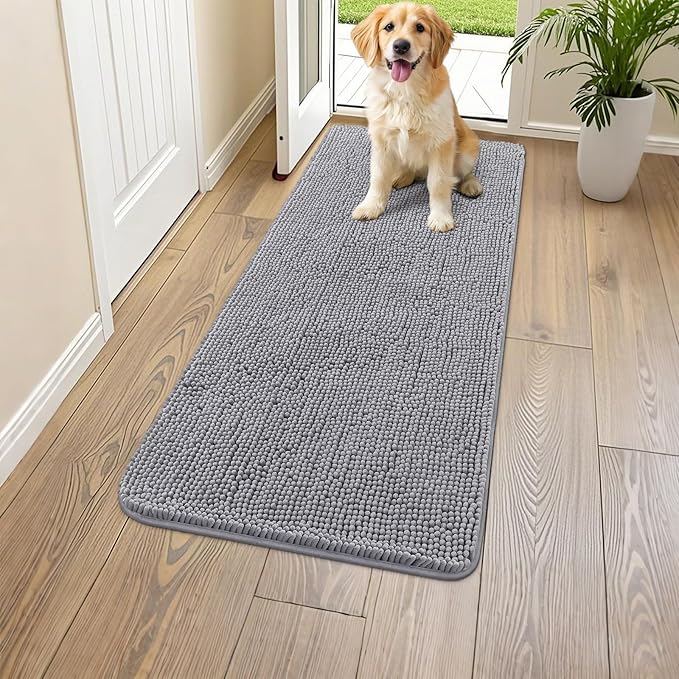 Smiry Dog Door Mat for Muddy Paws 45x27, Absorbs Moisture and Dirt Doormat, Non-Slip Washable Quick Dry Chenille Front Door Mat Indoor Entrance, Entryway Carpet for Inside Floor, Grey