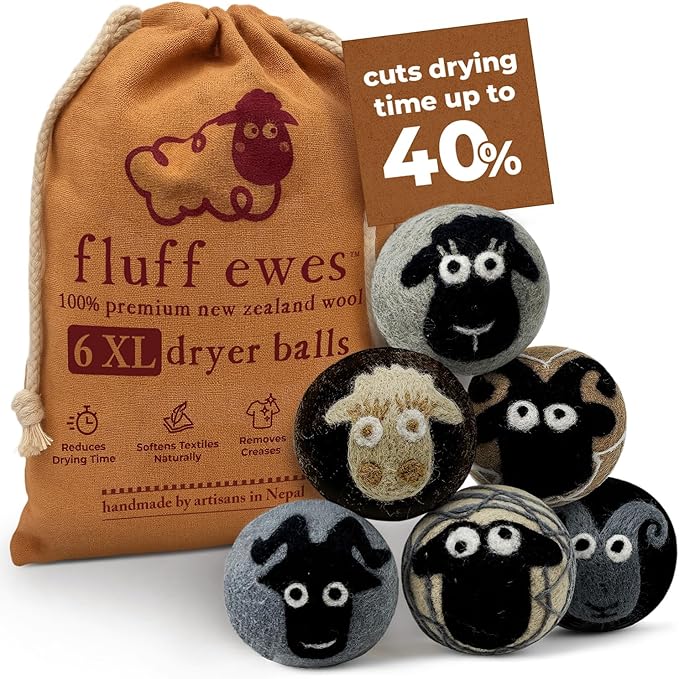 Fluff Ewes Wool Dryer Balls 6 Pack Premium New Zealand Wool Laundry Balls for Dryer, No Static Dryer Balls Laundry Reusable, XL Wool Dryer Balls Cute, Baby Dryer Balls for Dryers - Classic