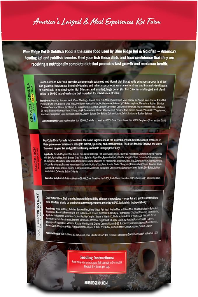 Blue Ridge Koi Fish Food 2lb - Koi Food Mini Growth Formula, Goldfish Food, Premium Fish Food for Ponds, Ponds Fish Food, Floating Pond Pellets