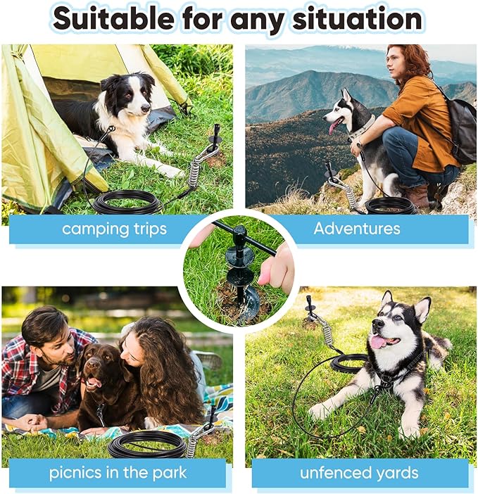 Heavy Duty Dog Tie-Out Cable and Stake for Yard Camping, with 30ft Heavy Duty Cable with Spring, for Small Medium Large Dogs up to 210 lbs, 360°Swivel Dog Run- No Tangle, Spiral Dog Stake