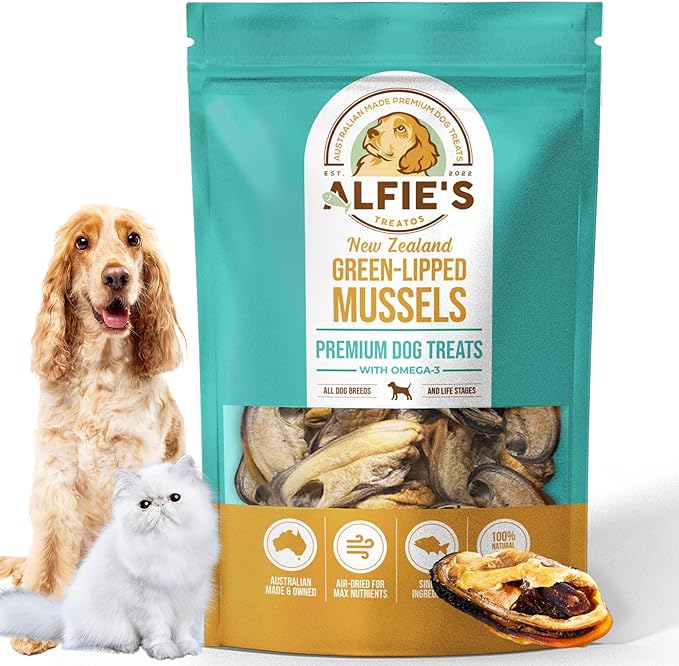 ALFIE'S TREATOS Green Lipped Mussels for Dogs & Cats (2.65 oz), Air-Dried Dog Treats, Natural Supplement & Omega-3 Food Topper, Single Ingredient, Freeze-Dried Alternative