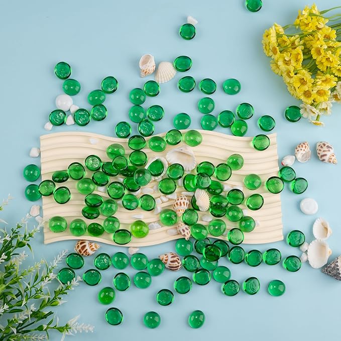 Green Glass Marbles, 0.97 LB Transparent and Smooth Flat Glass Beads for Vases, Mosaic Gem Pebbles for Aquarium Decor, Floral Arrangements, Mancala Stones, Vase Filler and Crafts (Approx. 80-100 PCS)